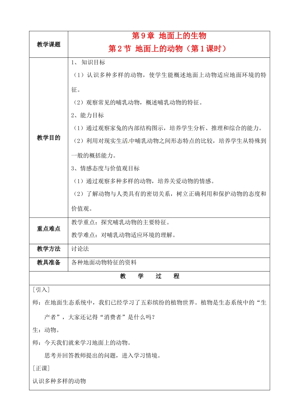 江苏省苏州市第二十六中学七年级生物 9.2《地面上的动物》教案（1）_第1页