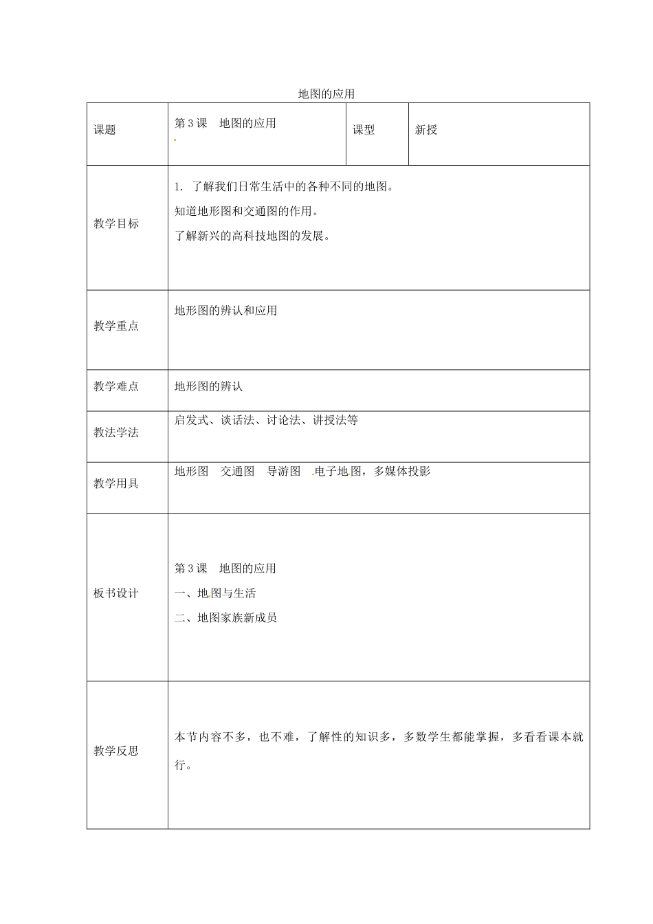 七年级地理上册 第二章 第三节 地图的应用教案 （新版）商务星球版-（新版）商务星球版初中七年级上册地理教案_第1页