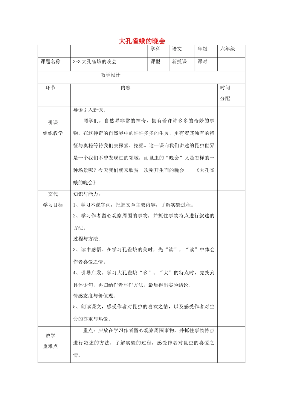 六年级语文下册 3.3大孔雀蛾的晚会教案5 长春版-长春版小学六年级下册语文教案_第1页