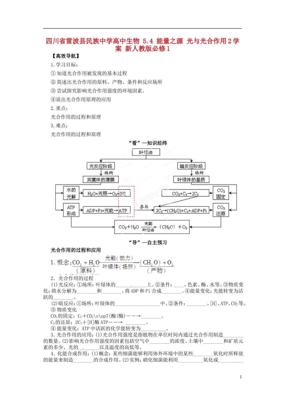 四川省雷波县民族中学高中生物 5.4 能量之源 光与光合作用2学案 新人教版必修1_第1页