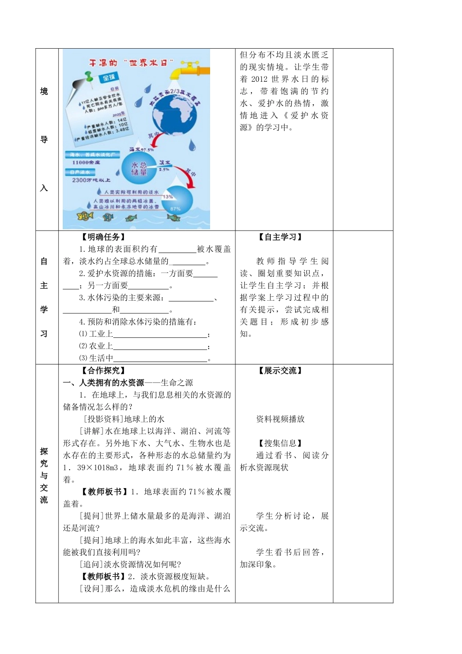 九年级化学上册 第四单元 自然界的水 4.1 爱护水资源精品教案 新人教版_第2页