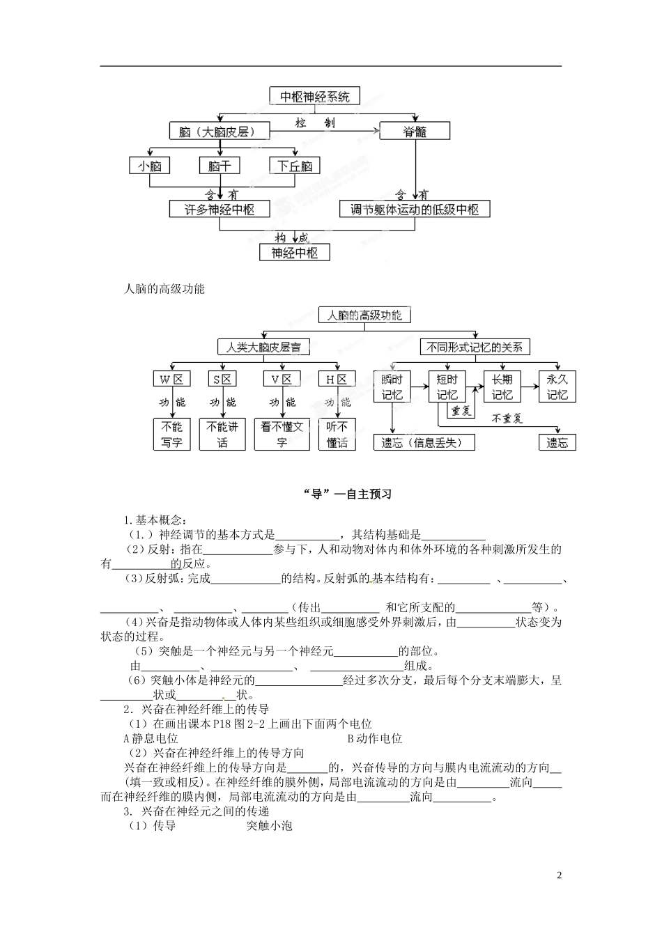 四川省雷波县民族中学高中生物 2.1 通过神经系统的调节学案 新人教版必修3_第2页