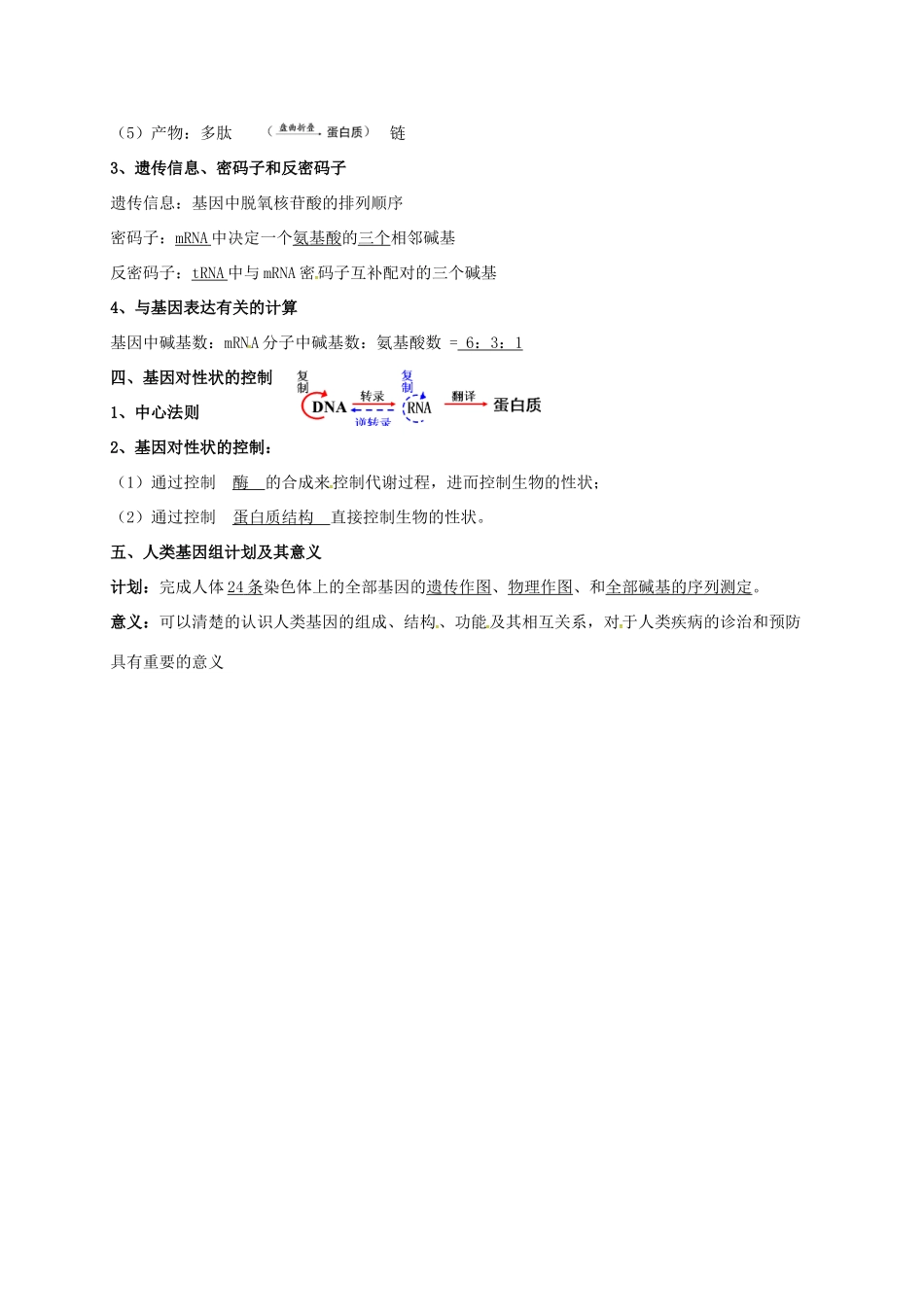 江苏省徐州市高考生物总复习 专题四 生物的遗传 第五部分 基因控制蛋白质的合成学案-人教版高三全册生物学案_第2页
