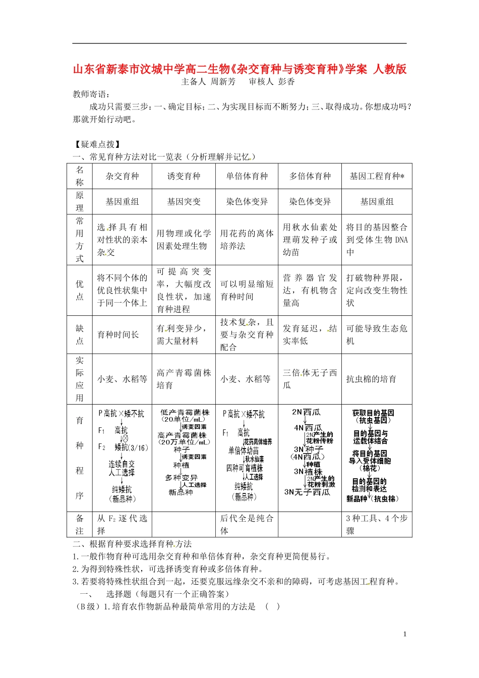 山东省新泰市汶城中学高二生物《杂交育种与诱变育种》学案 人教版_第1页