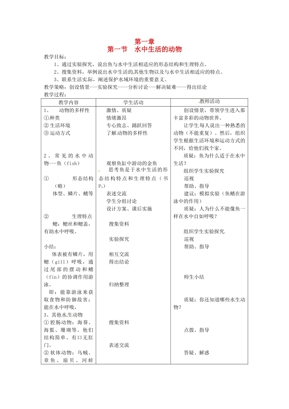 山东省胶南市理务关镇中心中学2012-2013学年八年级生物 5.1.1 水中生活的动物教案_第1页