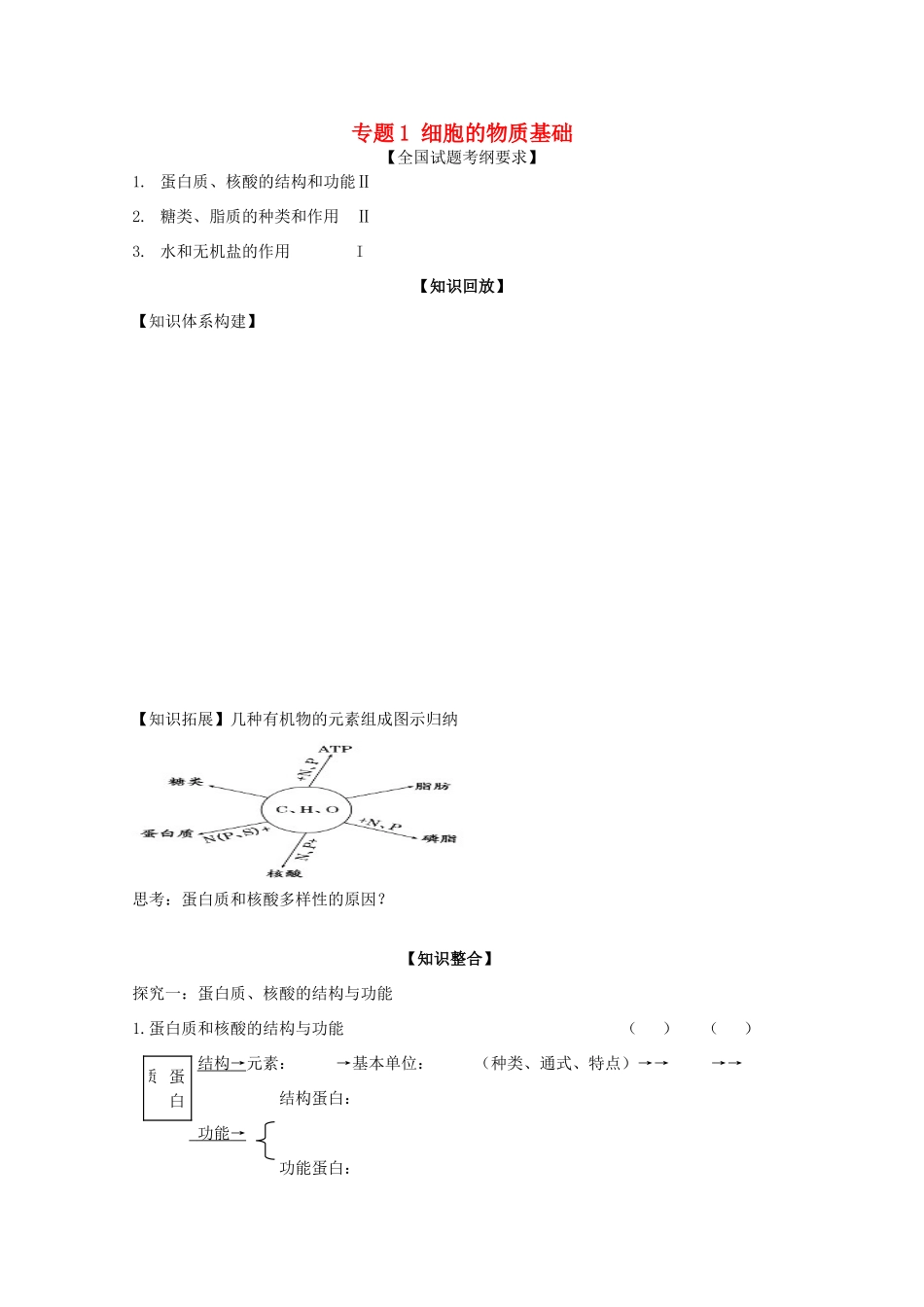 山东省单县五中高三生物二轮复习 专题1 细胞的物质基础导学案-人教版高三全册生物学案_第1页