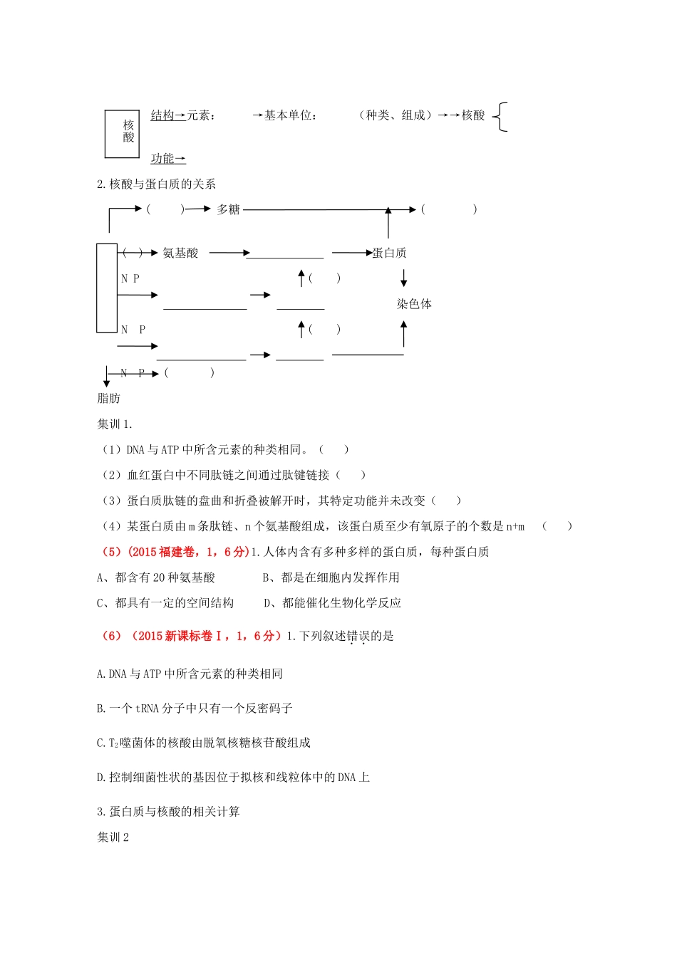 山东省单县五中高三生物二轮复习 专题1 细胞的物质基础导学案-人教版高三全册生物学案_第2页