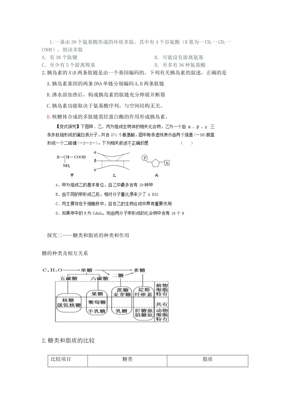 山东省单县五中高三生物二轮复习 专题1 细胞的物质基础导学案-人教版高三全册生物学案_第3页