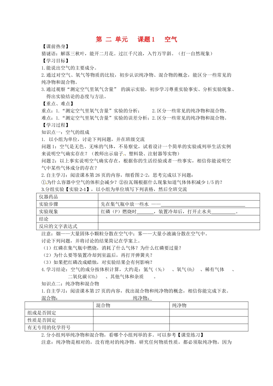 九年级化学上册 2.1 空气学案（无答案）（新版）新人教版_第1页