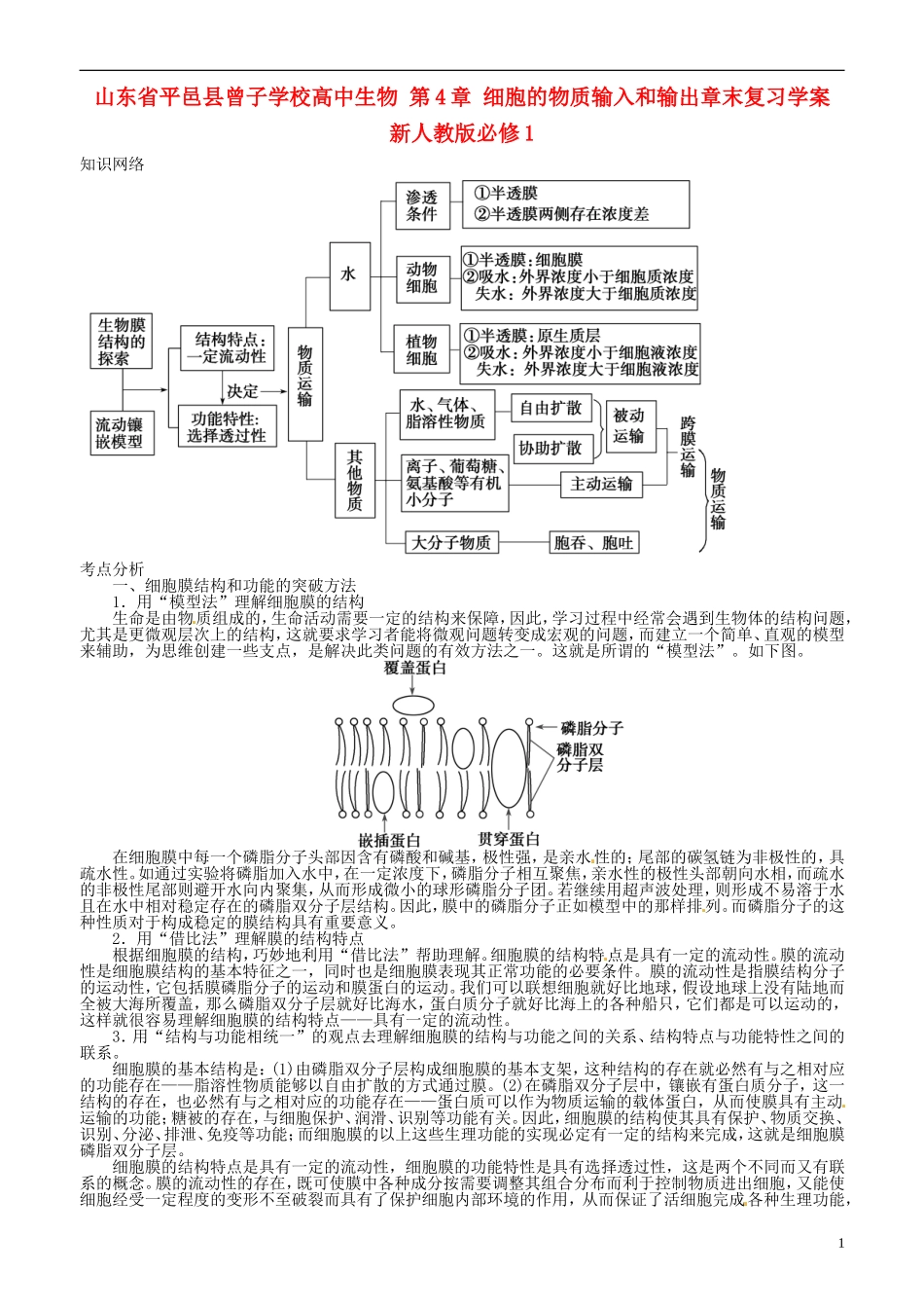 山东省平邑县曾子学校高中生物 第4章 细胞的物质输入和输出章末复习学案 新人教版必修1_第1页