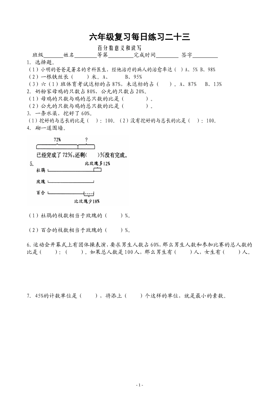 六年级复习每日练习23百分数意义和读写_第1页
