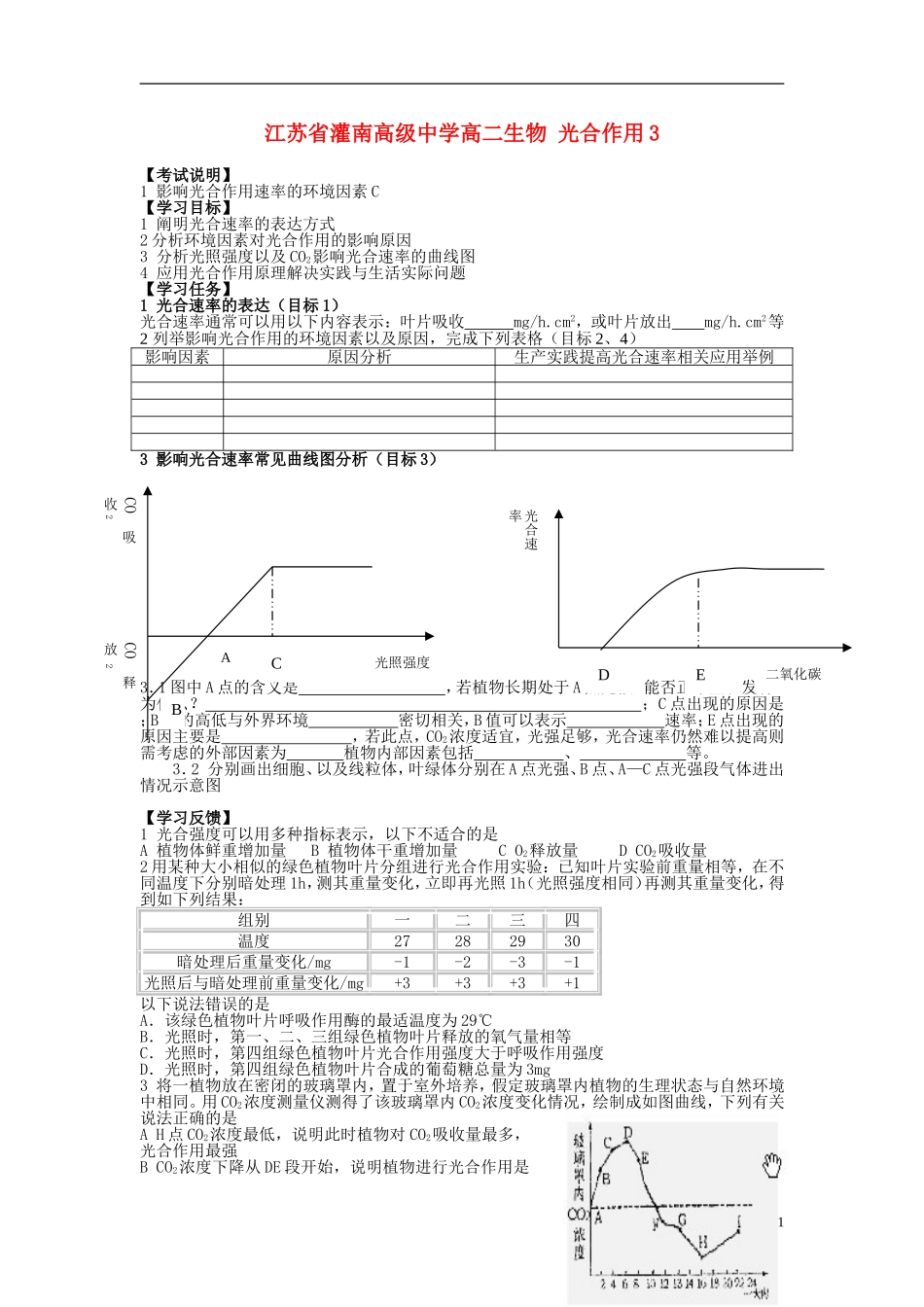 江苏省灌南高级中学高二生物 光合作用学案_第1页