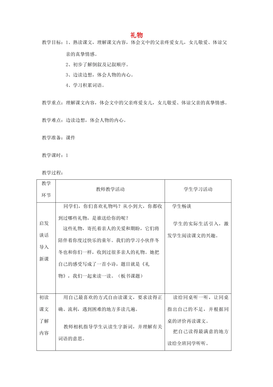 五年级语文下册 第三单元 礼物 3 礼物教案3 北师大版-北师大版小学五年级下册语文教案_第1页