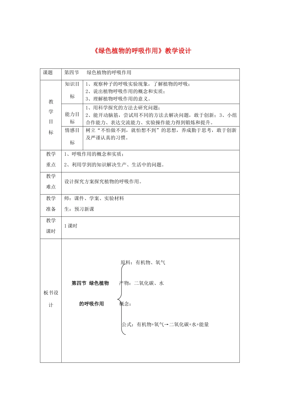 山东省枣庄市第四十二中学七年级生物《植物的呼吸作用》教学设计 _第1页