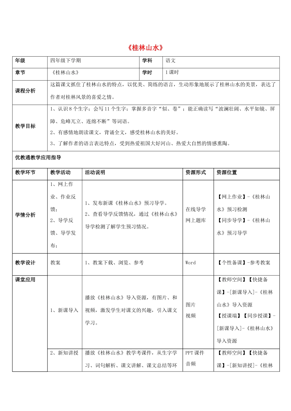 四年级语文下册 2 桂林山水教学设计 新人教版-新人教版小学四年级下册语文教案_第1页