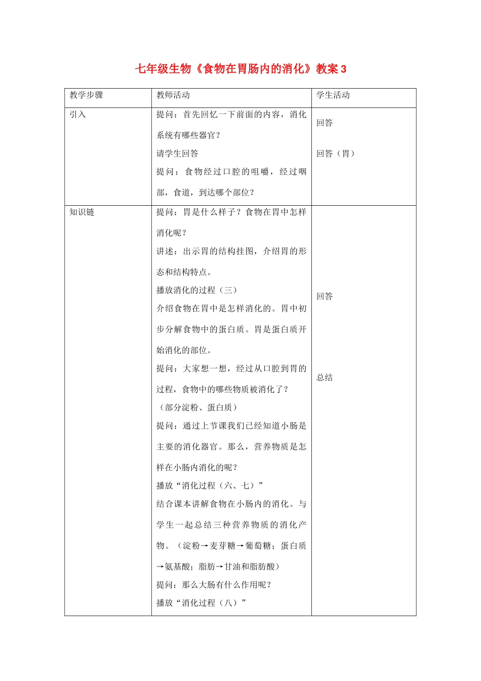 七年级生物《食物在胃肠内的消化》教案3_第1页