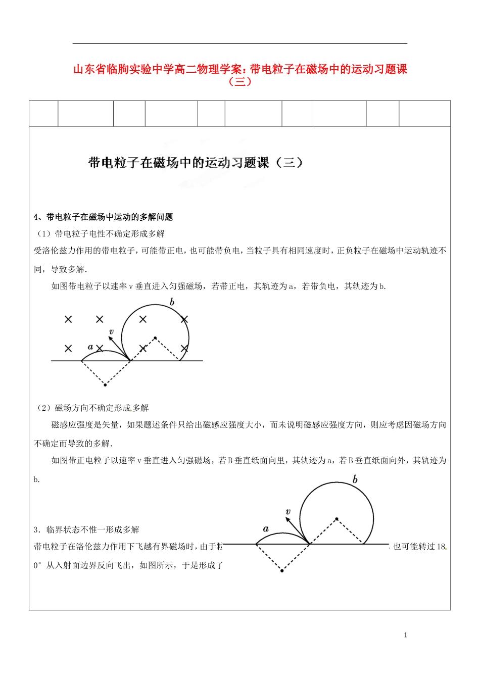 山东省临朐实验中学高二物理 带电粒子在磁场中的运动习题课（三）学案_第1页