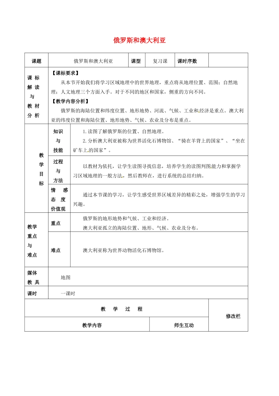 中考地理 俄罗斯和澳大利亚复习教案 新人教版-新人教版初中九年级全册地理教案_第1页