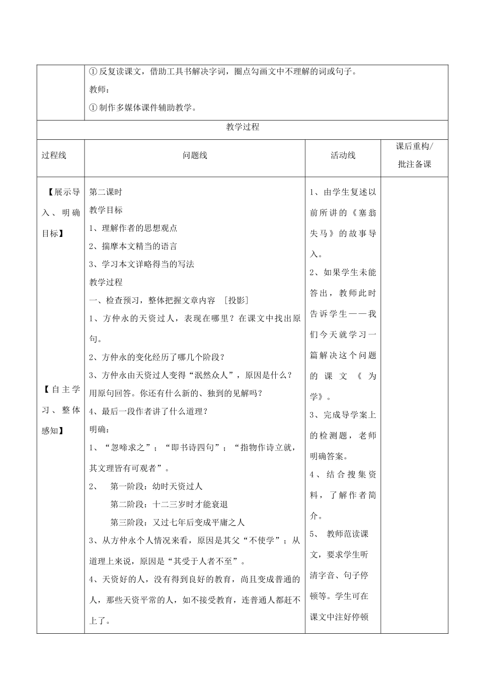 山东省济南市六年级语文下册 12 伤仲永教案2 鲁教版五四制-鲁教版五四制小学六年级下册语文教案_第2页