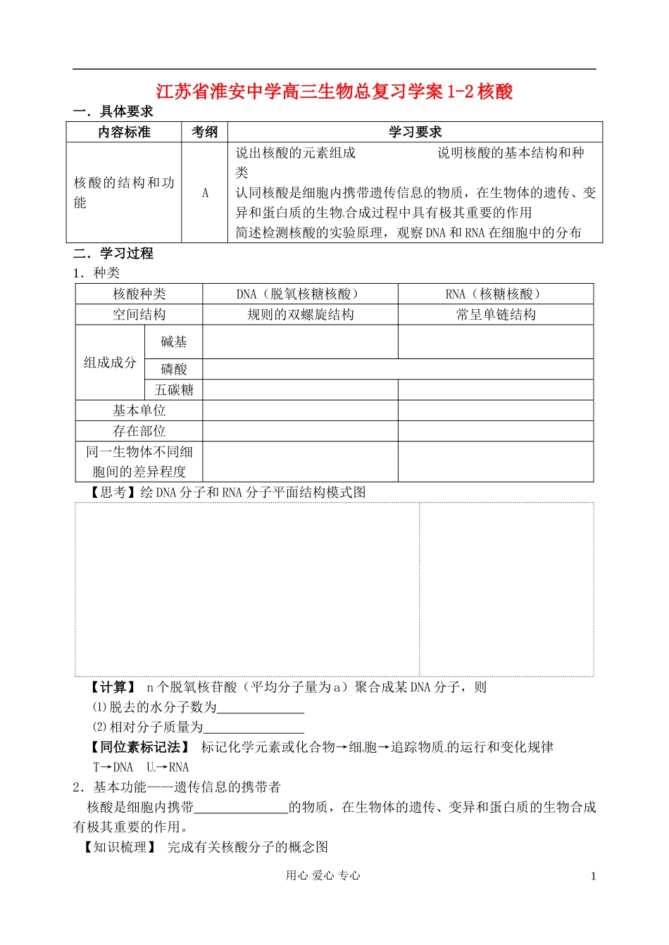 江苏省淮安中学高三生物总复习 1-2核酸学案_第1页