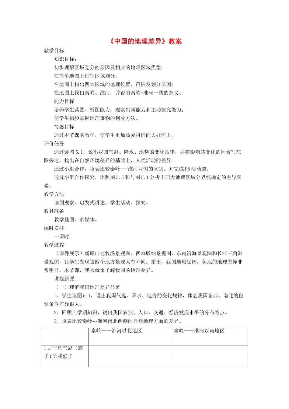 七年级地理下册 5《中国的地理差异》教案1 鲁教版五四制-鲁教版五四制初中七年级下册地理教案_第1页