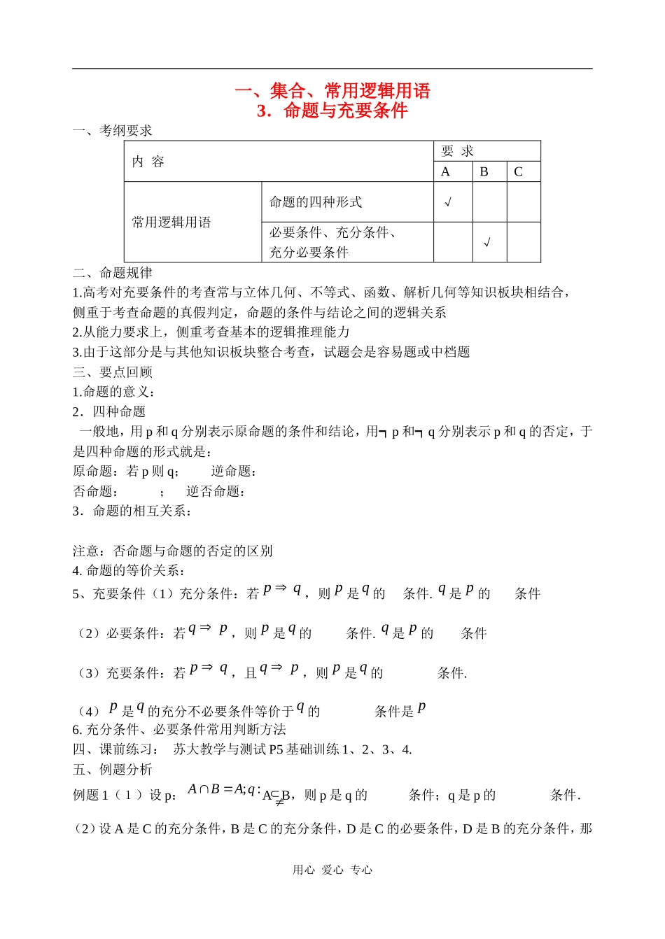 江苏省兴化市楚水实验学校10届高三数学复习讲义3．命题与充要条件_第1页