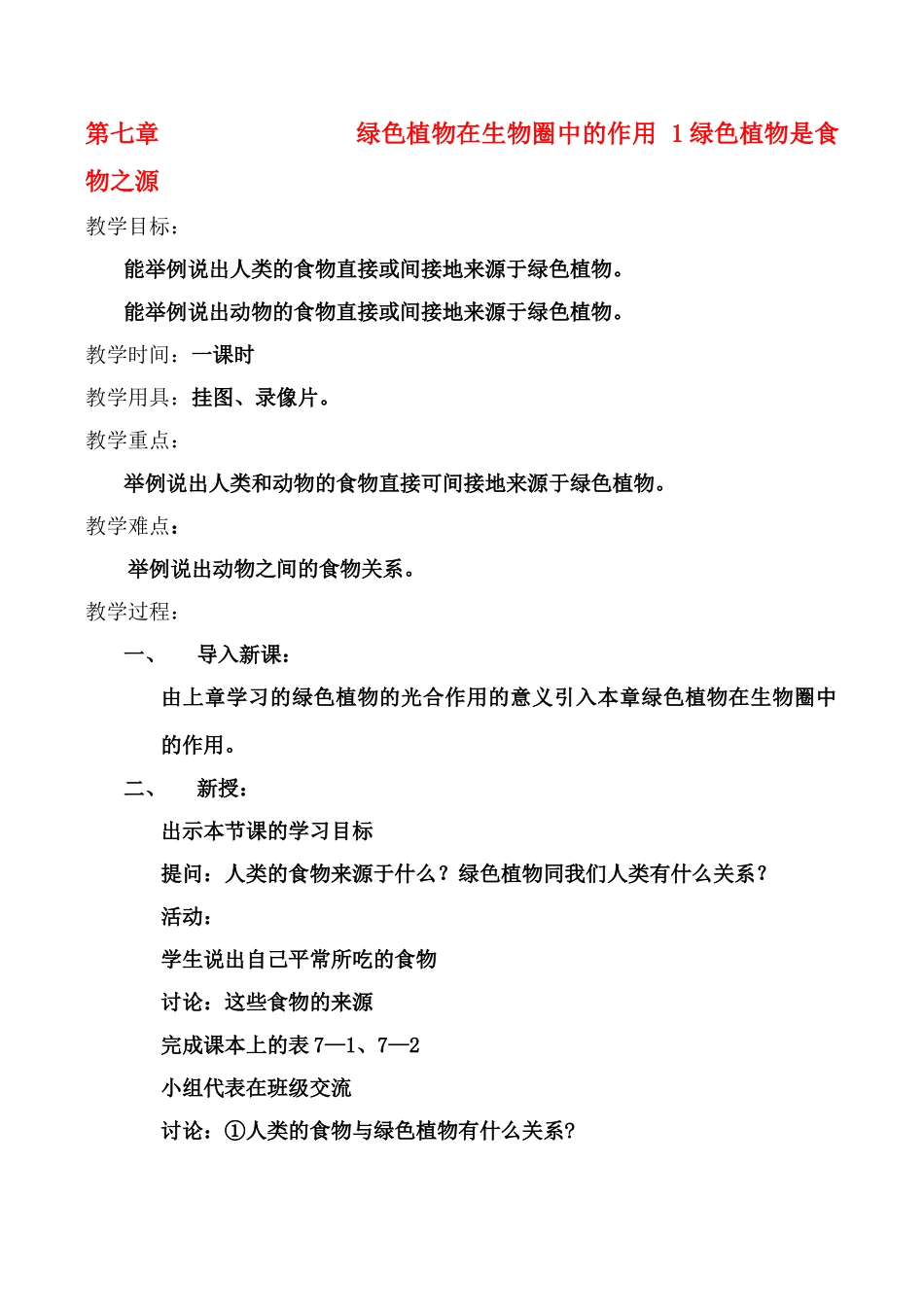 七年级生物 第7章 绿色植物在生物圈中的作用 1绿色植物是食物之源教案_第1页