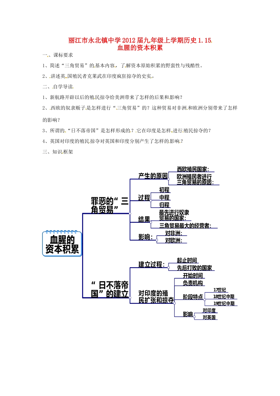 云南省丽江市永北镇中学2012届九年级历史上册 1.15血腥的资本积累教案 人教新课标版_第1页