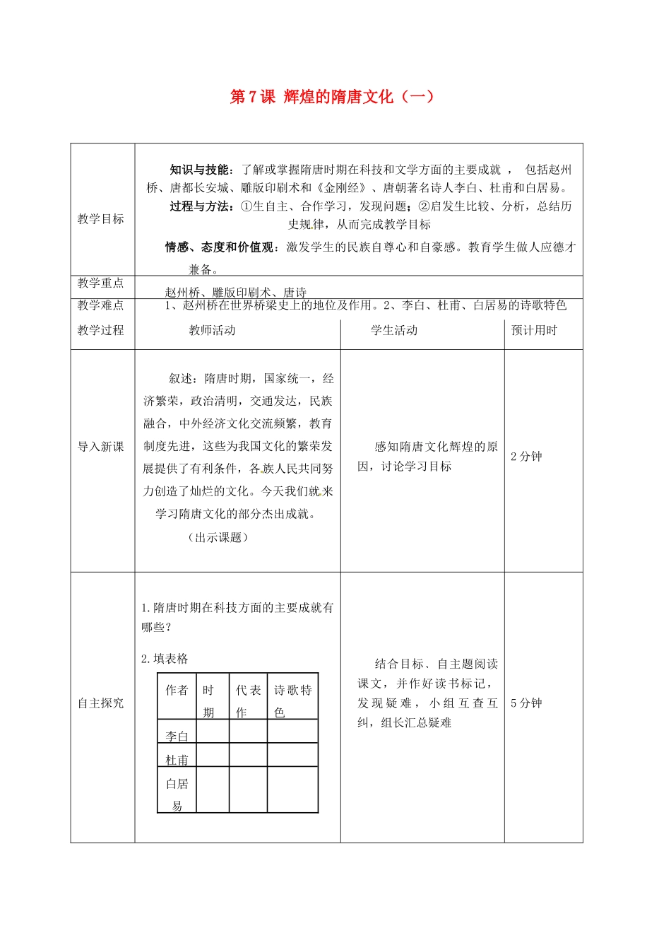 七年级历史下册 1.7《辉煌的隋唐文化（一）》教案 人教新课标版_第1页