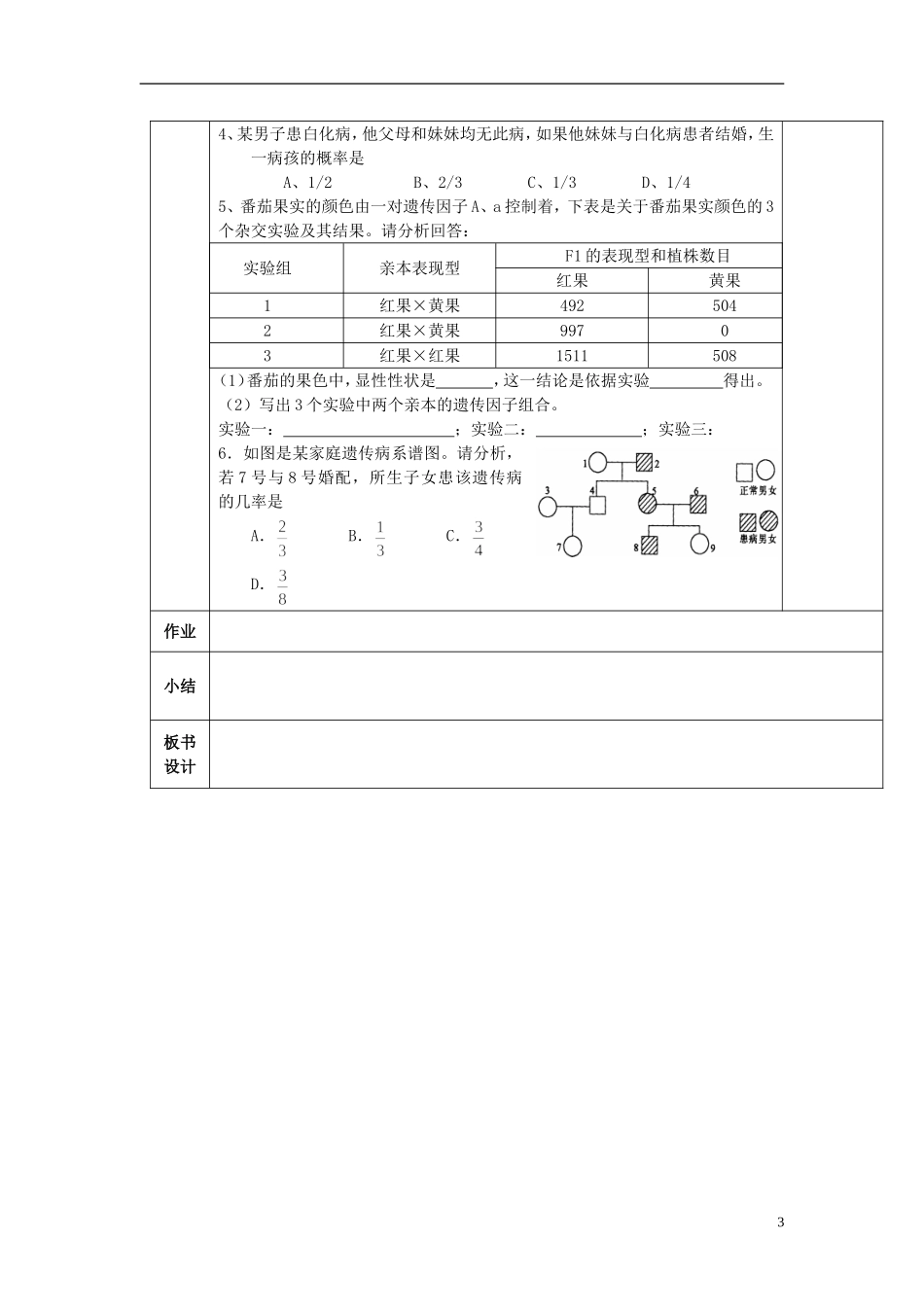 陕西省西安交大阳光中学高中生物 第1章 第1节 孟德尔的豌豆杂文实验（一）（第3课时）学案 新人教版必修2_第3页