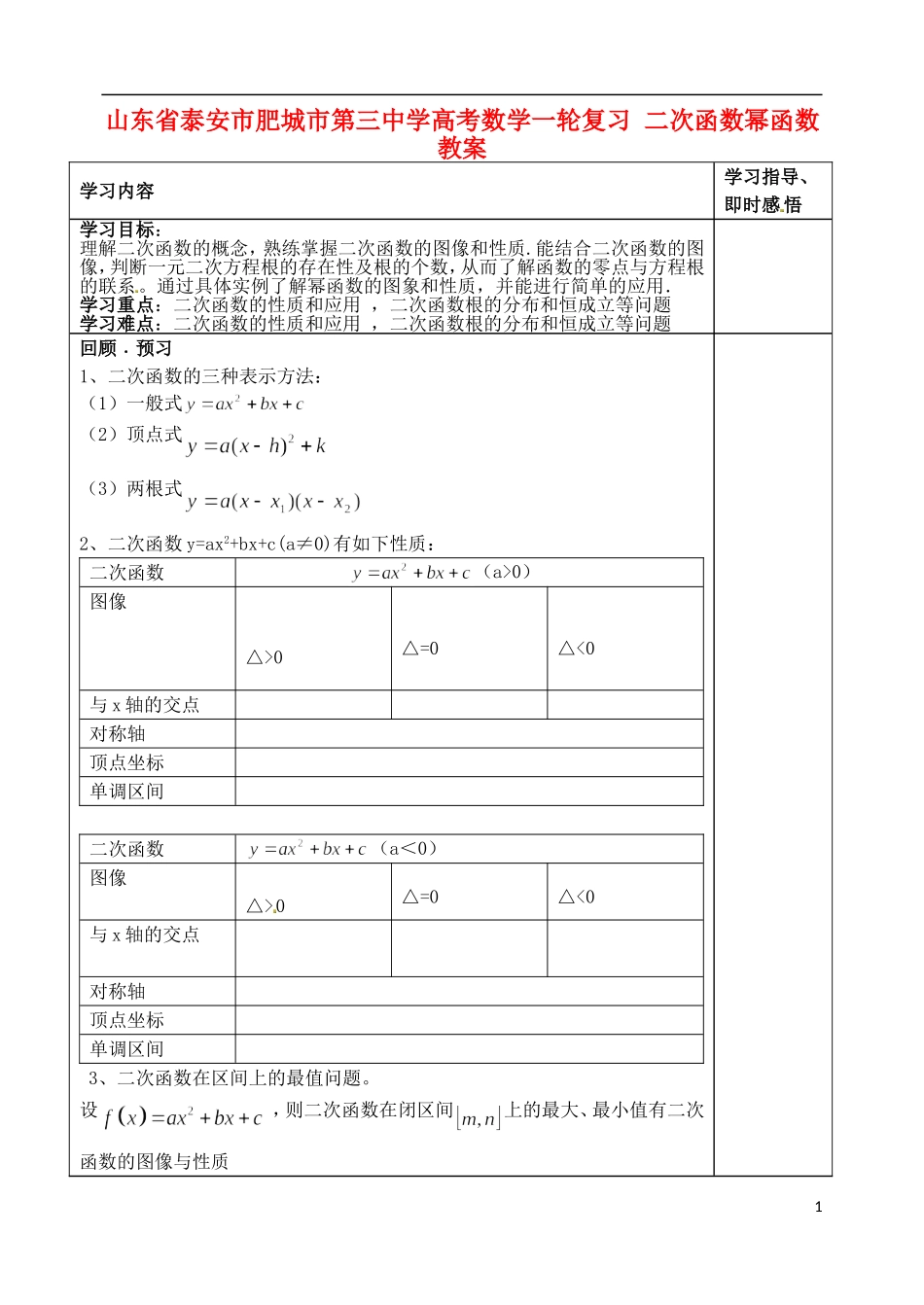 山东省泰安市肥城市第三中学高考数学一轮复习 二次函数幂函数教案_第1页