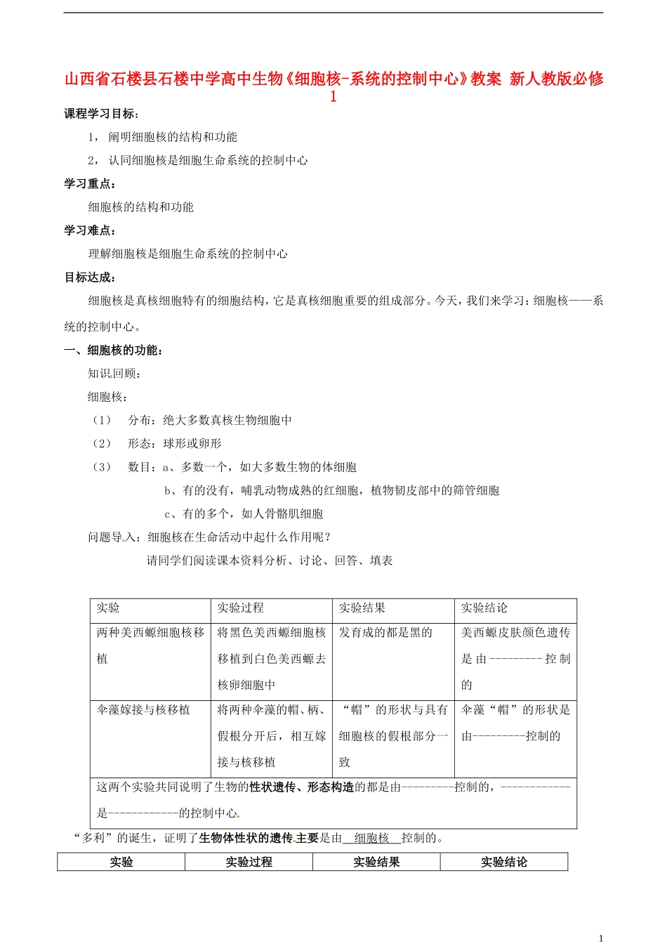 山西省石楼县石楼中学高中生物《细胞核-系统的控制中心》教案 新人教版必修1_第1页