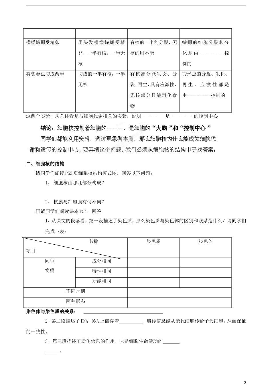 山西省石楼县石楼中学高中生物《细胞核-系统的控制中心》教案 新人教版必修1_第2页