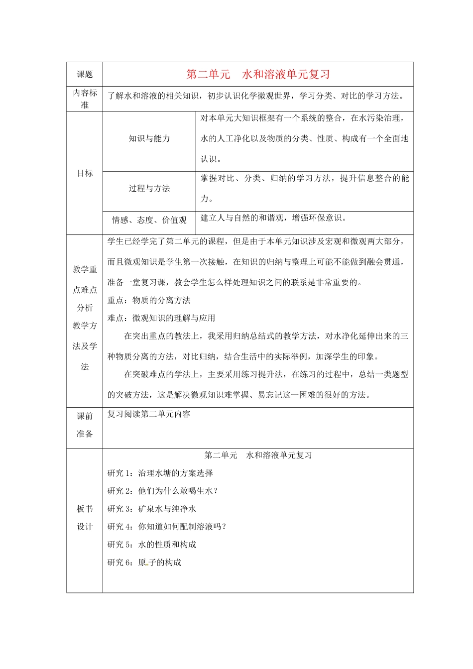 九年级化学 第二单元 《水和溶液》教案 鲁教版_第1页
