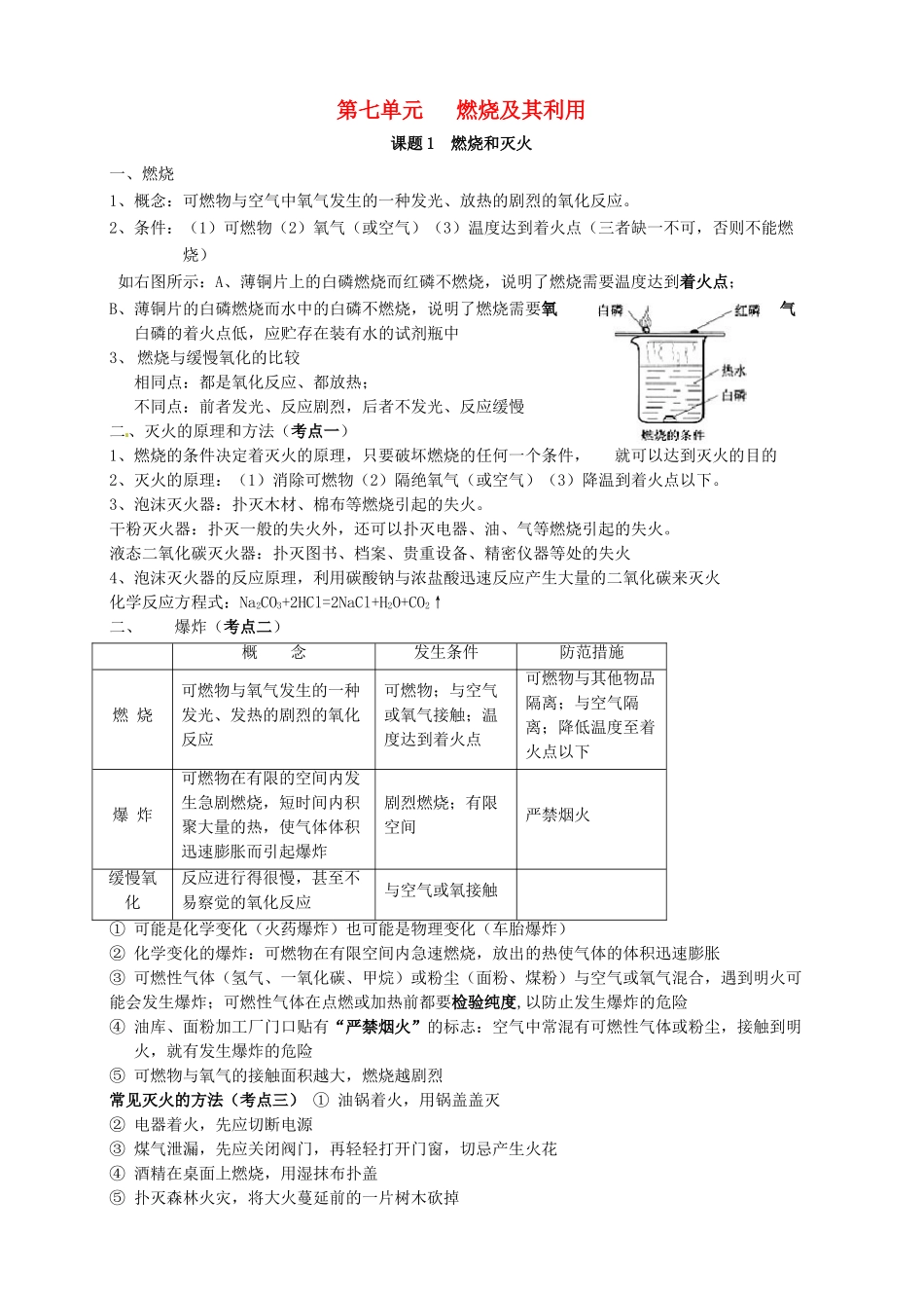 九年级化学上册 第七章《燃烧及其利用》单元考点知识总结教案 新人教版_第1页