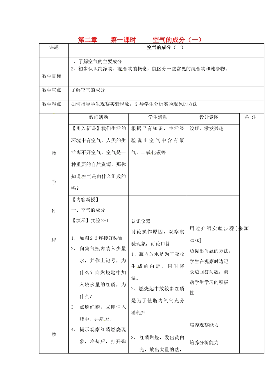 九年级化学上册 2.1 空气的成分教案1 粤教版_第1页