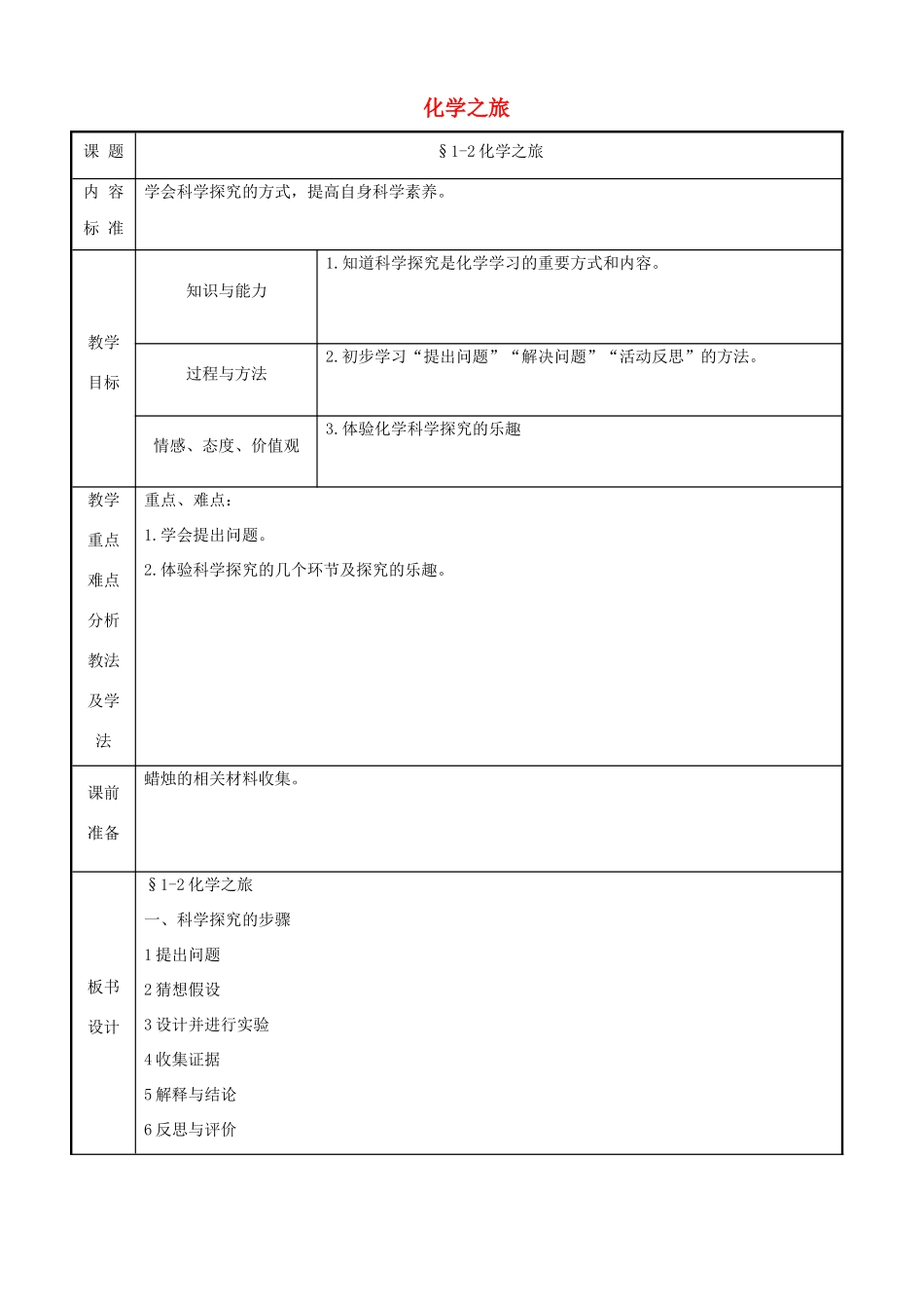 九年级化学 1.2 化学之旅教案3 鲁教版_第1页
