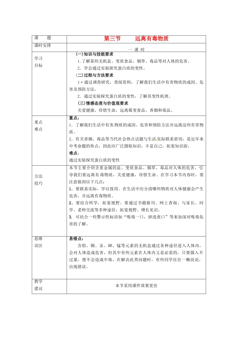 九年级化学 8-3第三节   远离有毒物质教案 鲁教版_第1页