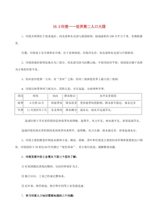 七年级地理上册 10.2印度——世界第二人口大国教案 晋教版