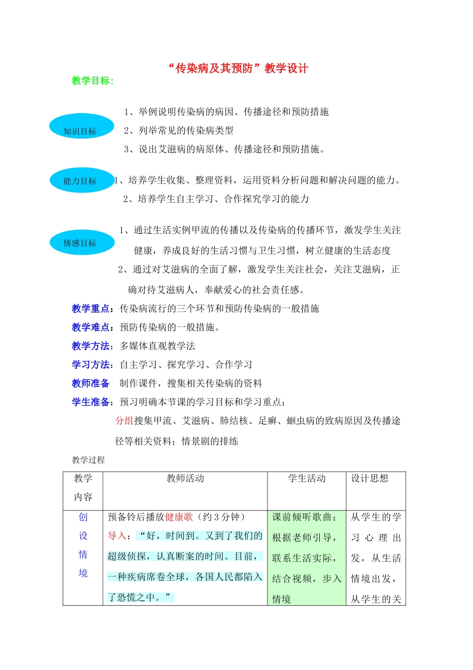 七年级生物 “传染病及其预防”教学设计_第1页