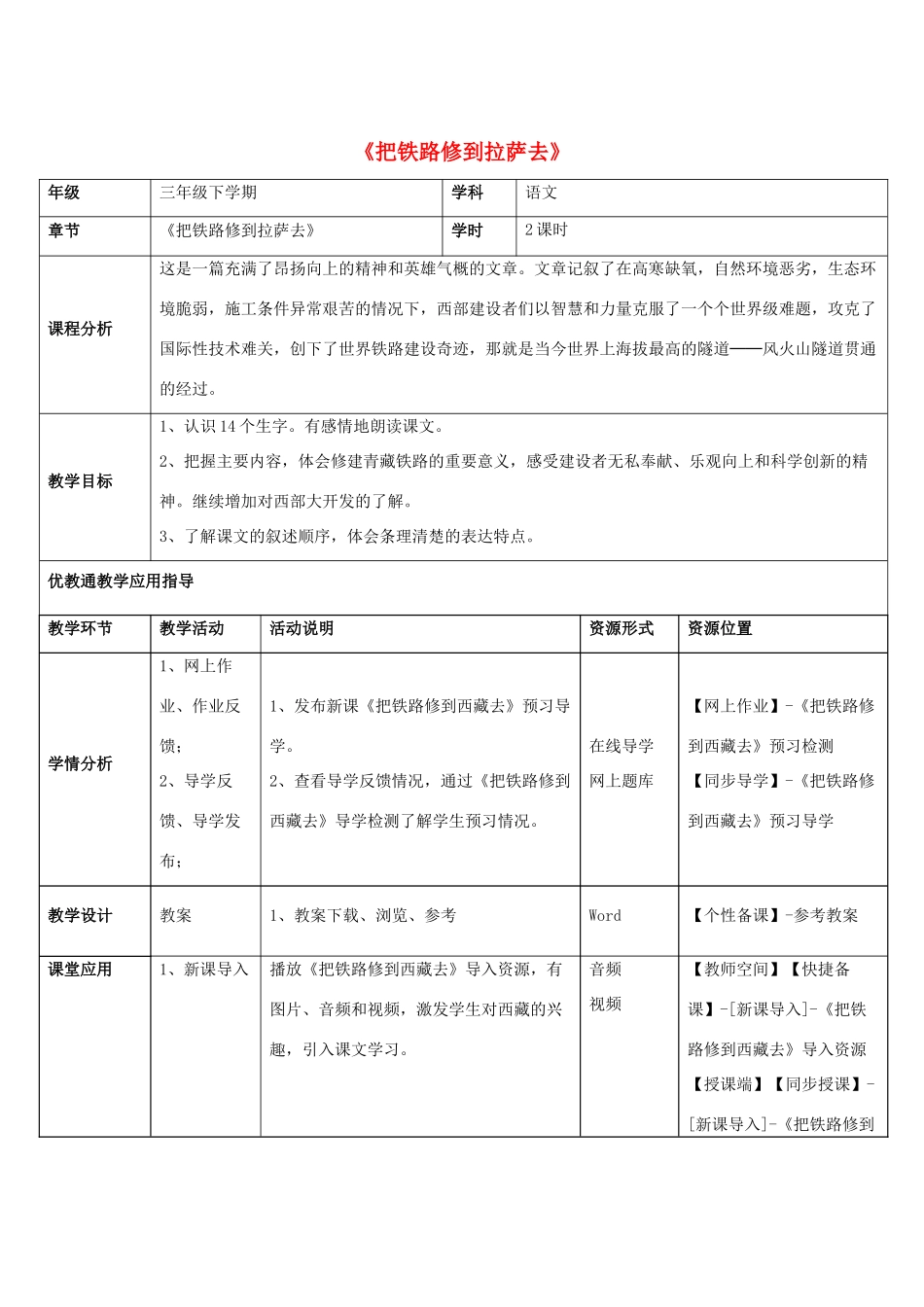 五年级语文下册 4.把铁路修到拉萨去教学设计 新人教版-新人教版小学五年级下册语文教案_第1页