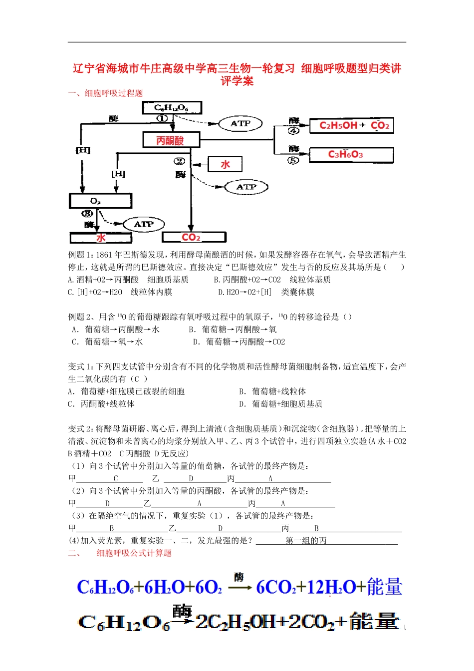 辽宁省海城市牛庄高级中学高三生物一轮复习 细胞呼吸题型归类讲评学案_第1页