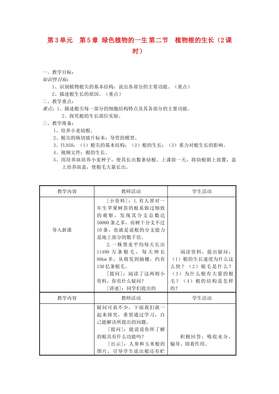 七年级生物上：第3单元  第5章 绿色植物的一生 第二节  植物根的生长（2课时）教案苏教版_第1页