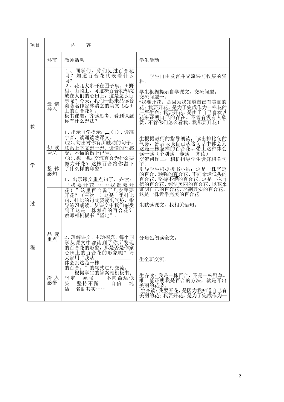 五年级语文上册 第七单元《心田上的百合花》教案 西师大版_第2页