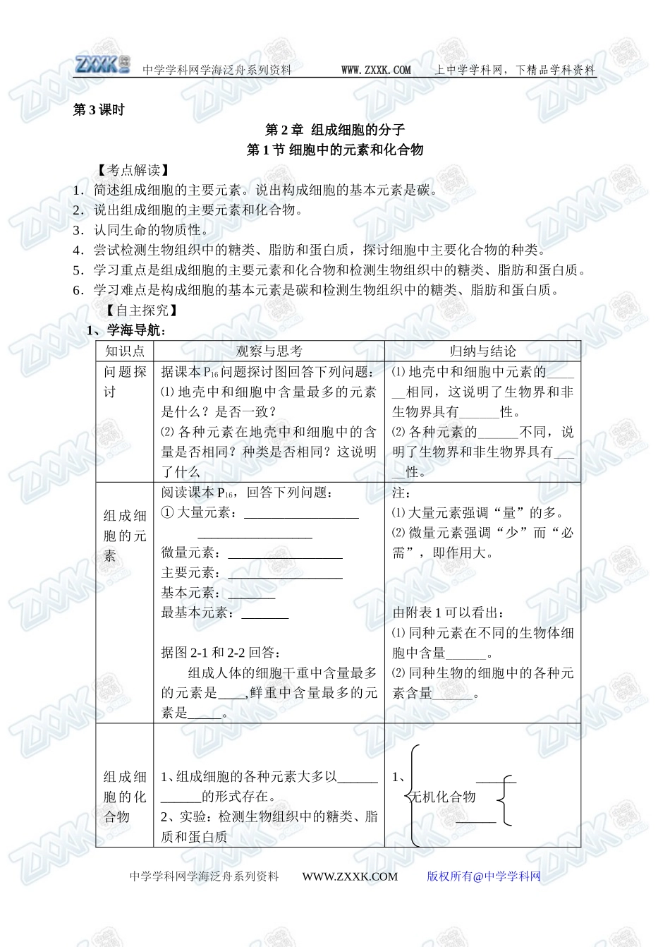 新人教必修1高中生物学案03第2章第1节 组成细胞的分子_第1页