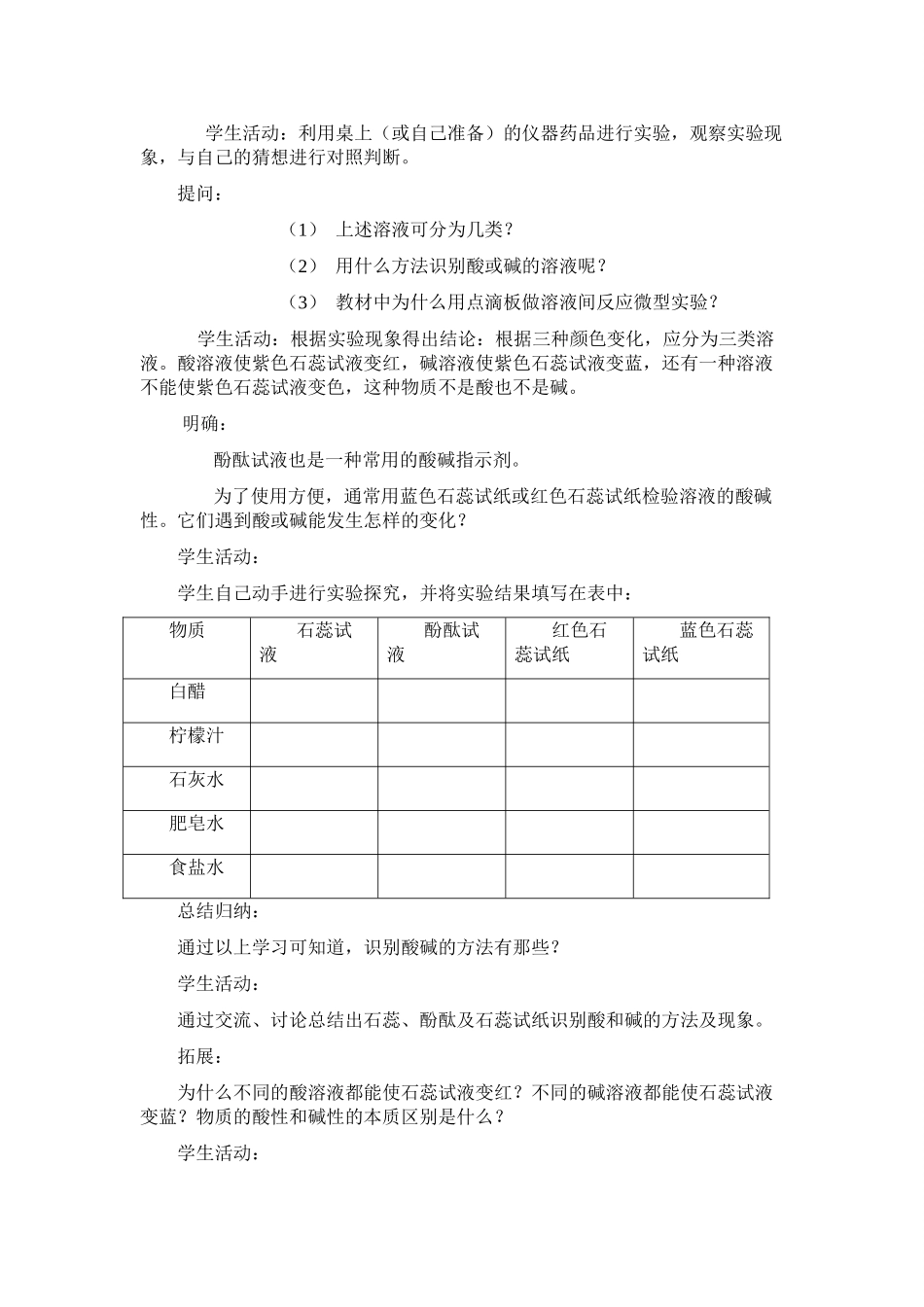 九年级化学《5.1生活中的酸和碱》教案鲁教版_第3页