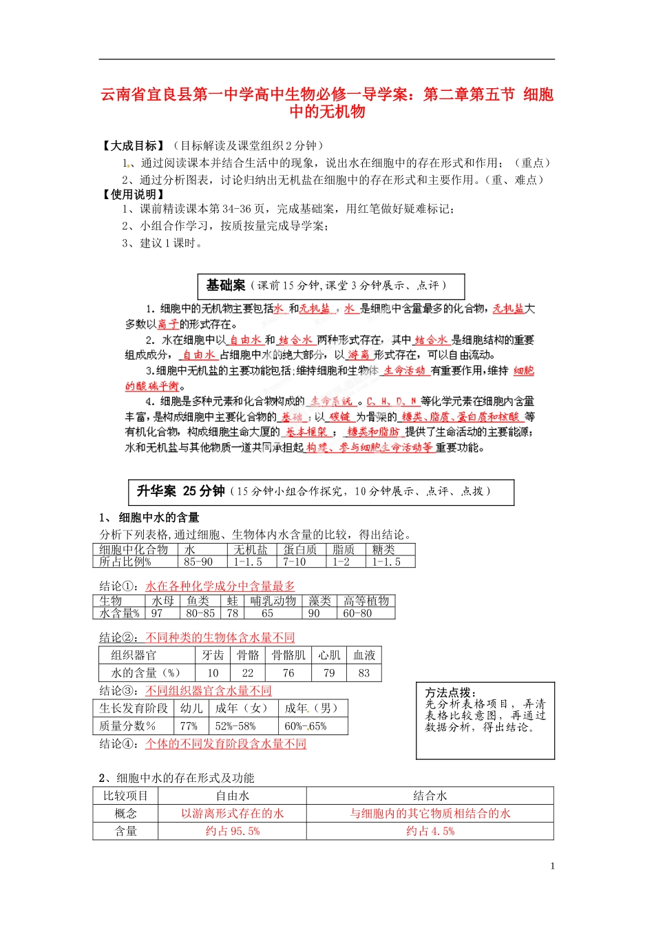 云南省宜良县第一中学高中生物 第二章第五节 细胞中的无机物导学案 新人教版必修1_第1页