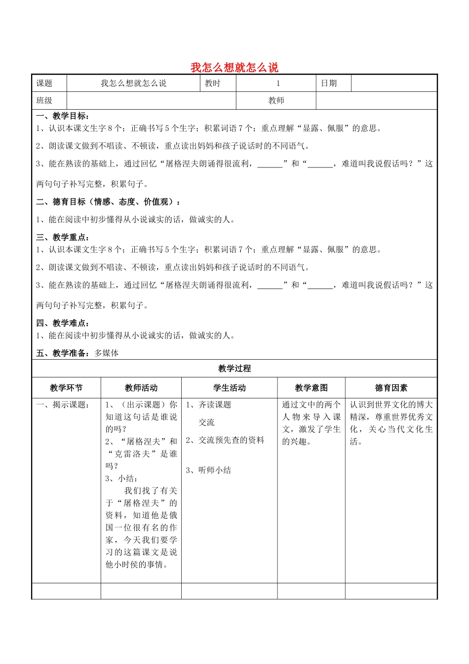 秋二年级语文上册《我怎么想就怎么说》教学设计 沪教版-沪教版小学二年级上册语文教案_第1页