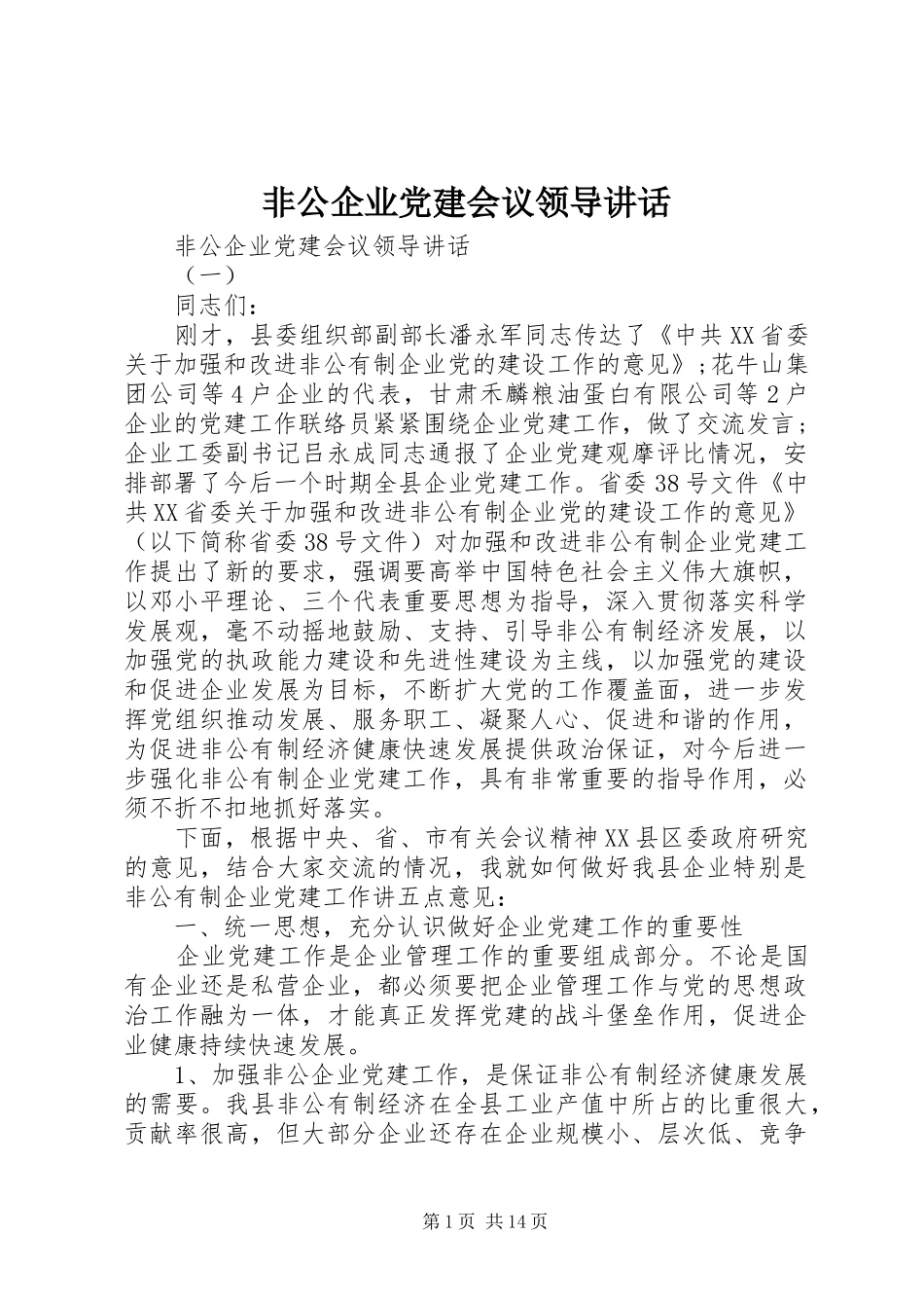 非公企业党建会议领导讲话发言_第1页