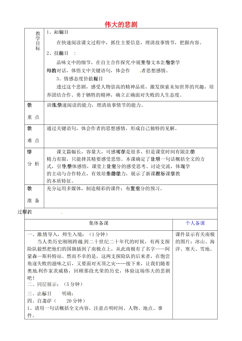 山东省淄博市临淄区第八中学六年级语文下册 19 伟大的悲剧（第1课时）教学设计 鲁教版五四制_第1页